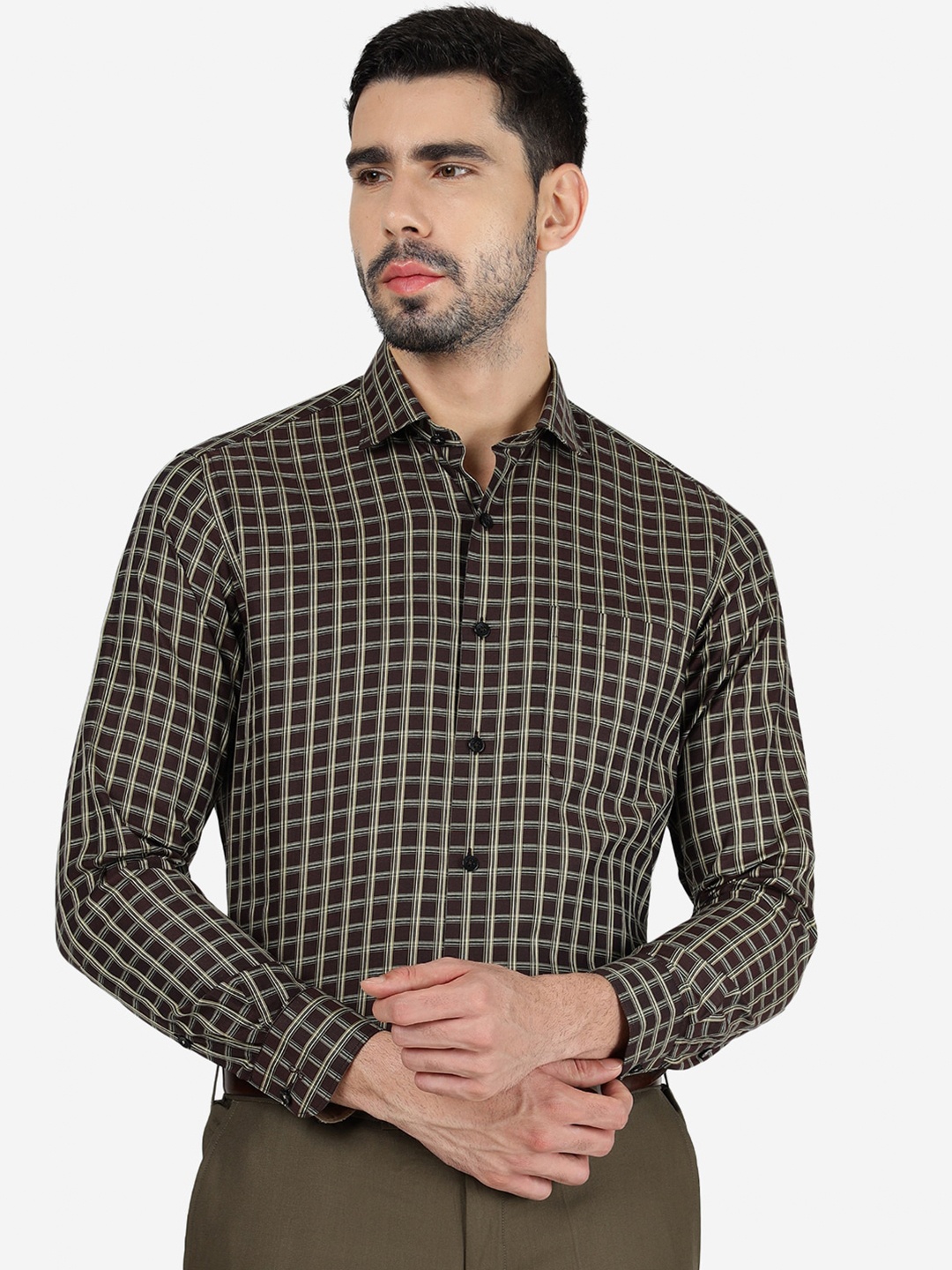 

METAL Slim Fit Checked Spread Collar Long Sleeve Pocket Cotton Shirt, Brown