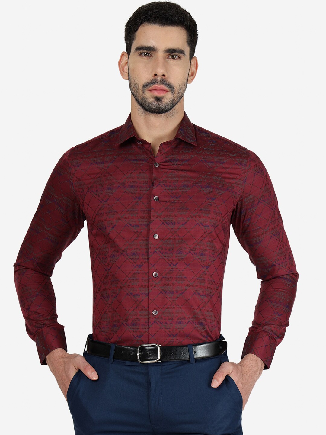 

WYRE Ethnic Motifs Printed Slim Fit Spread Collar Cotton Formal Shirt, Maroon