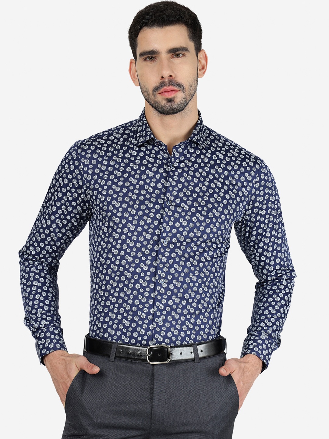 

WYRE Slim Fit Floral Printed Spread Collar Cotton Formal Shirt, Blue