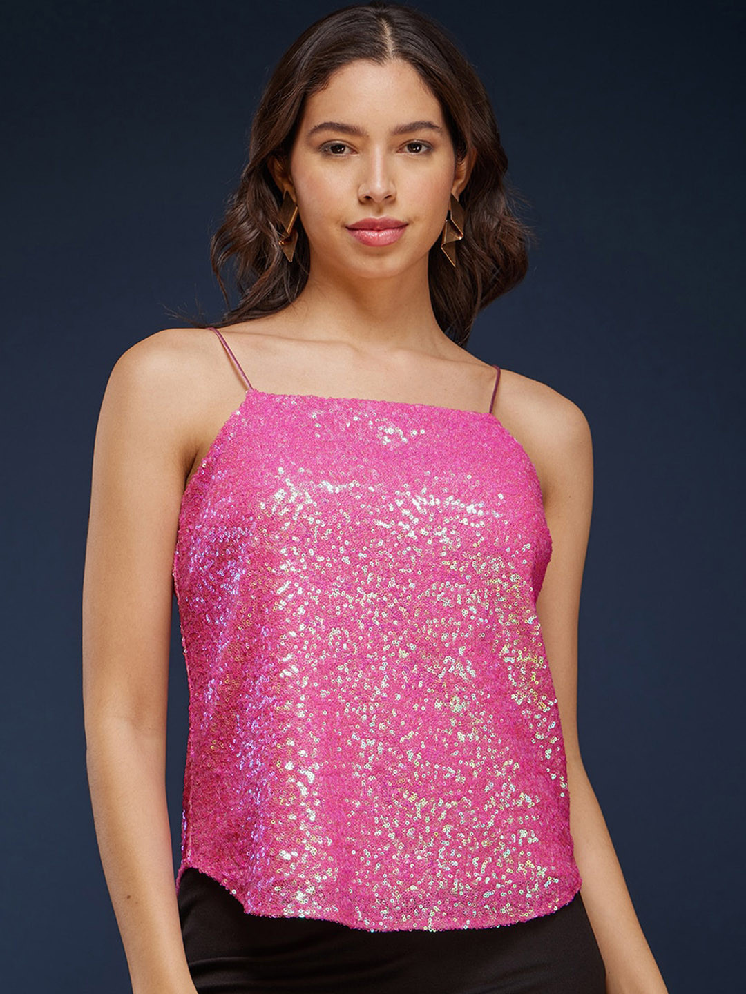 

FableStreet Sequinned Embellished Shoulder Straps Top, Pink