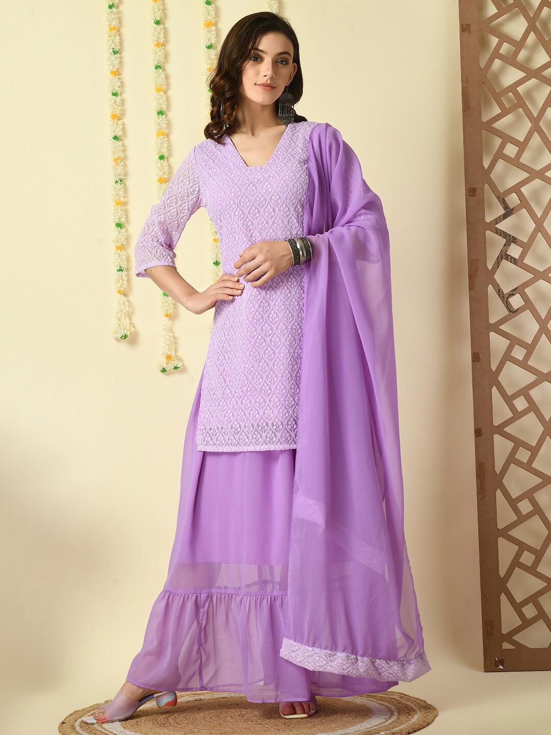 

Myshka Ethnic Motifs Embroidered Thread Work Georgette Kurti With Skirt & Dupatta, Purple