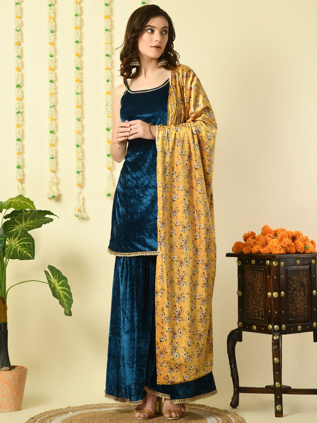

Myshka Gotta Patti Shoulder Straps Velvet Kurti With Sharara & Dupatta, Teal