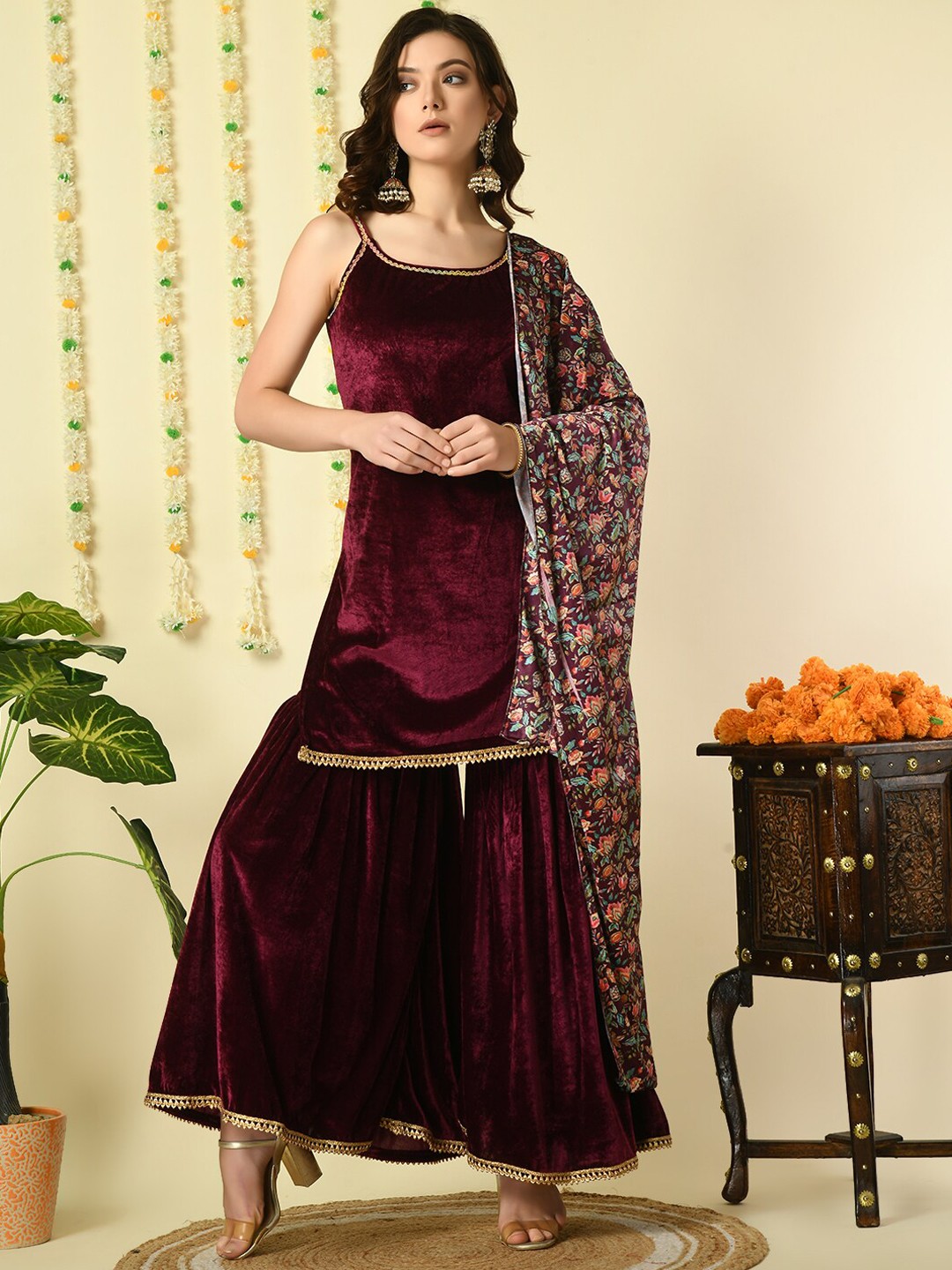 

Myshka Women Magenta Regular Velvet Kurti with Sharara & With Dupatta