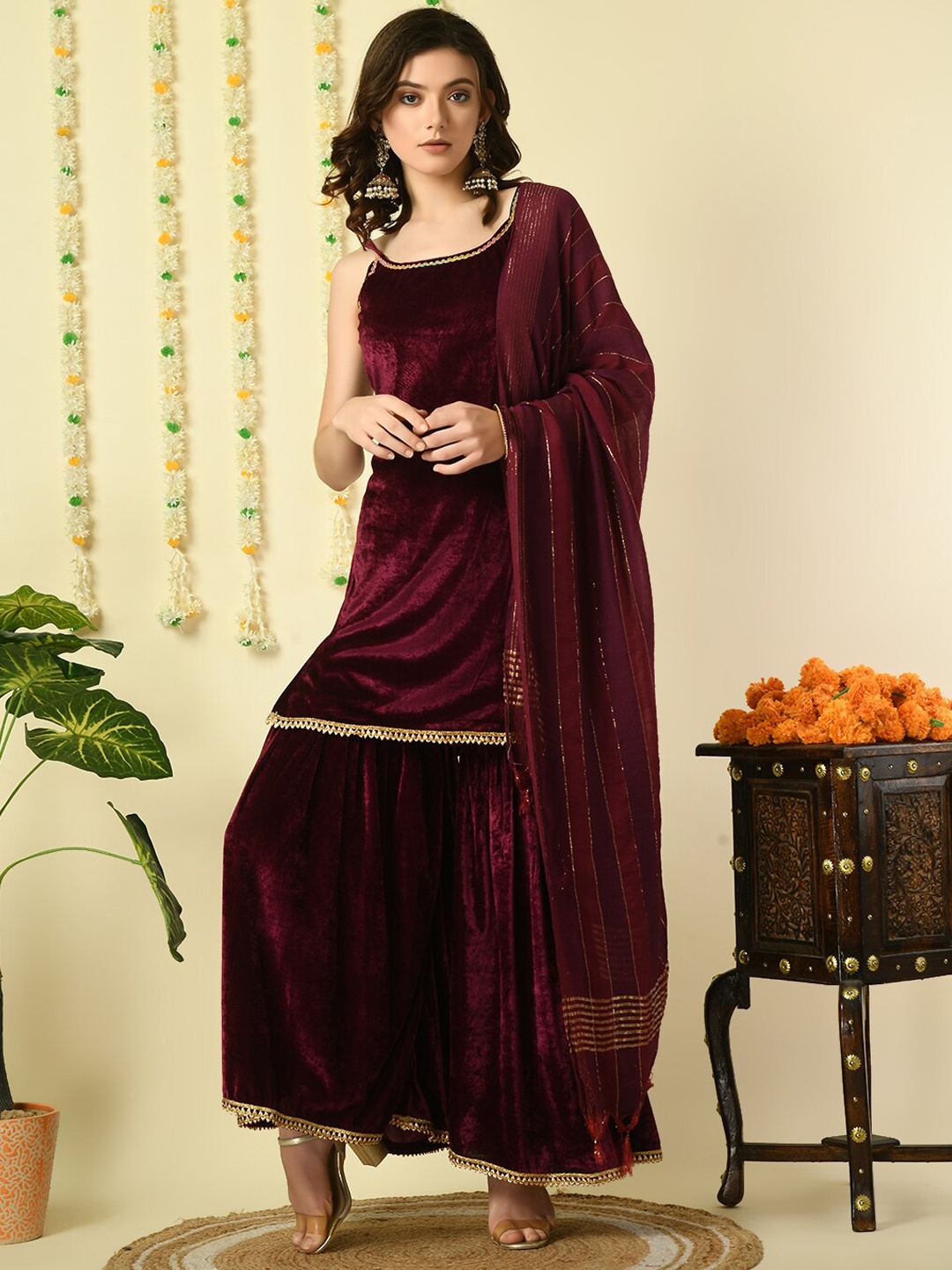 

Myshka Regular Velvet Kurti with Sharara & With Dupatta, Magenta