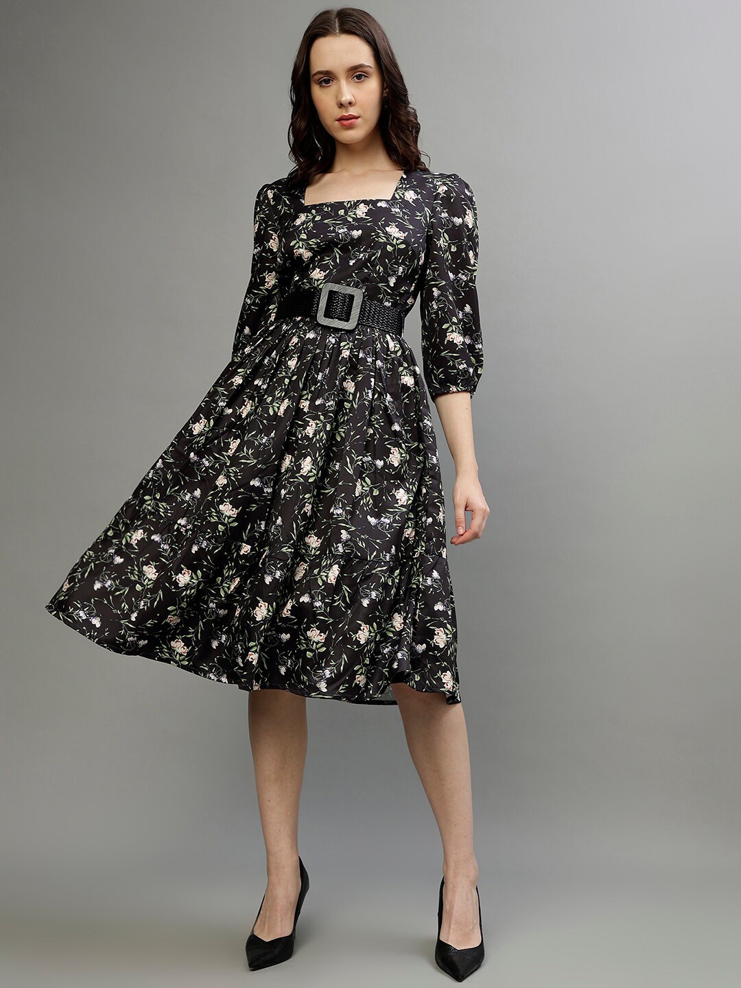 

ELLE Floral Printed Puff Sleeves Fit & Flare Dress, Black