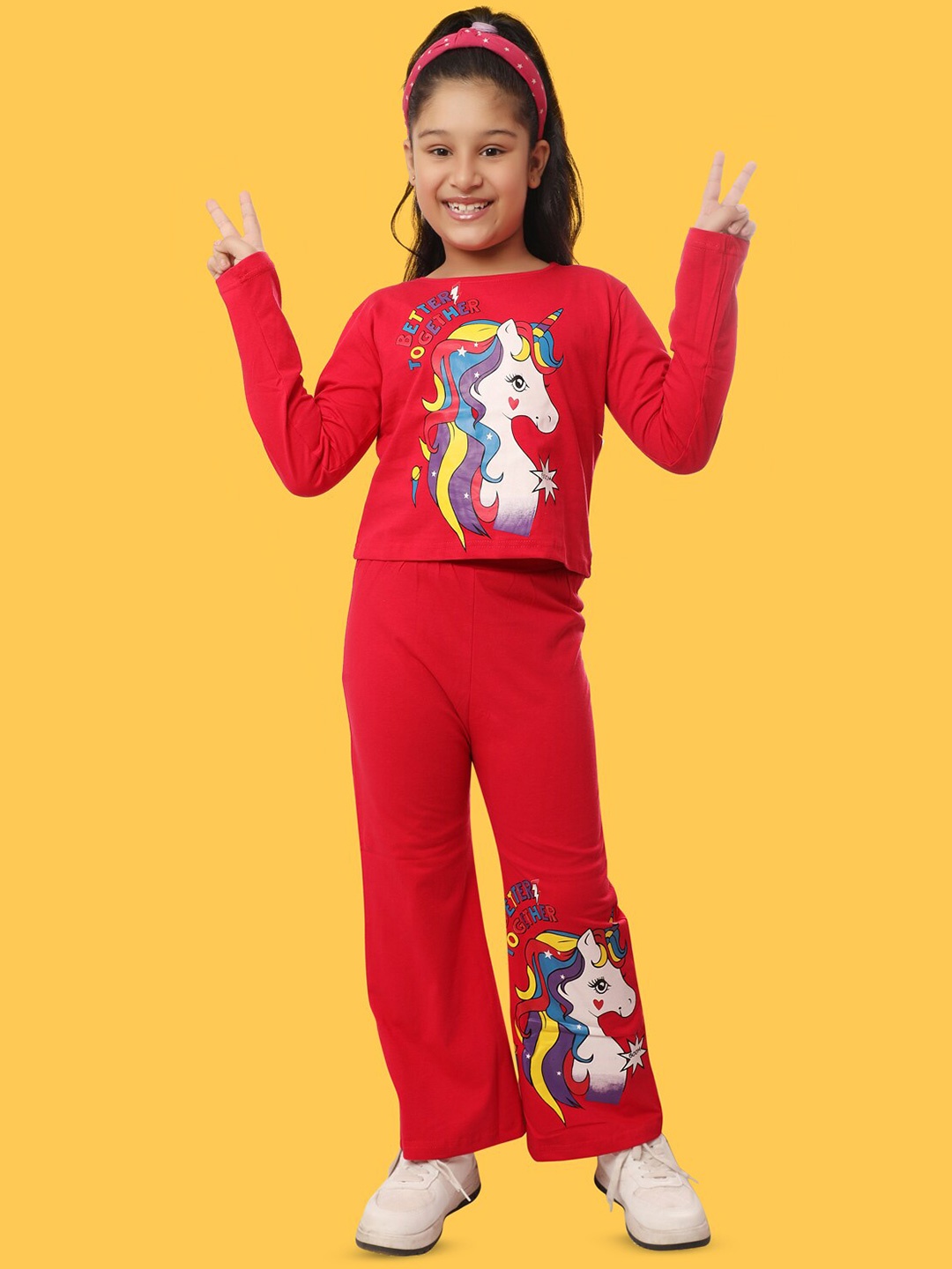 

Ninos Dreams Girls Unicorn Printed Pure Cotton T-shirt With Flared Trousers, Magenta