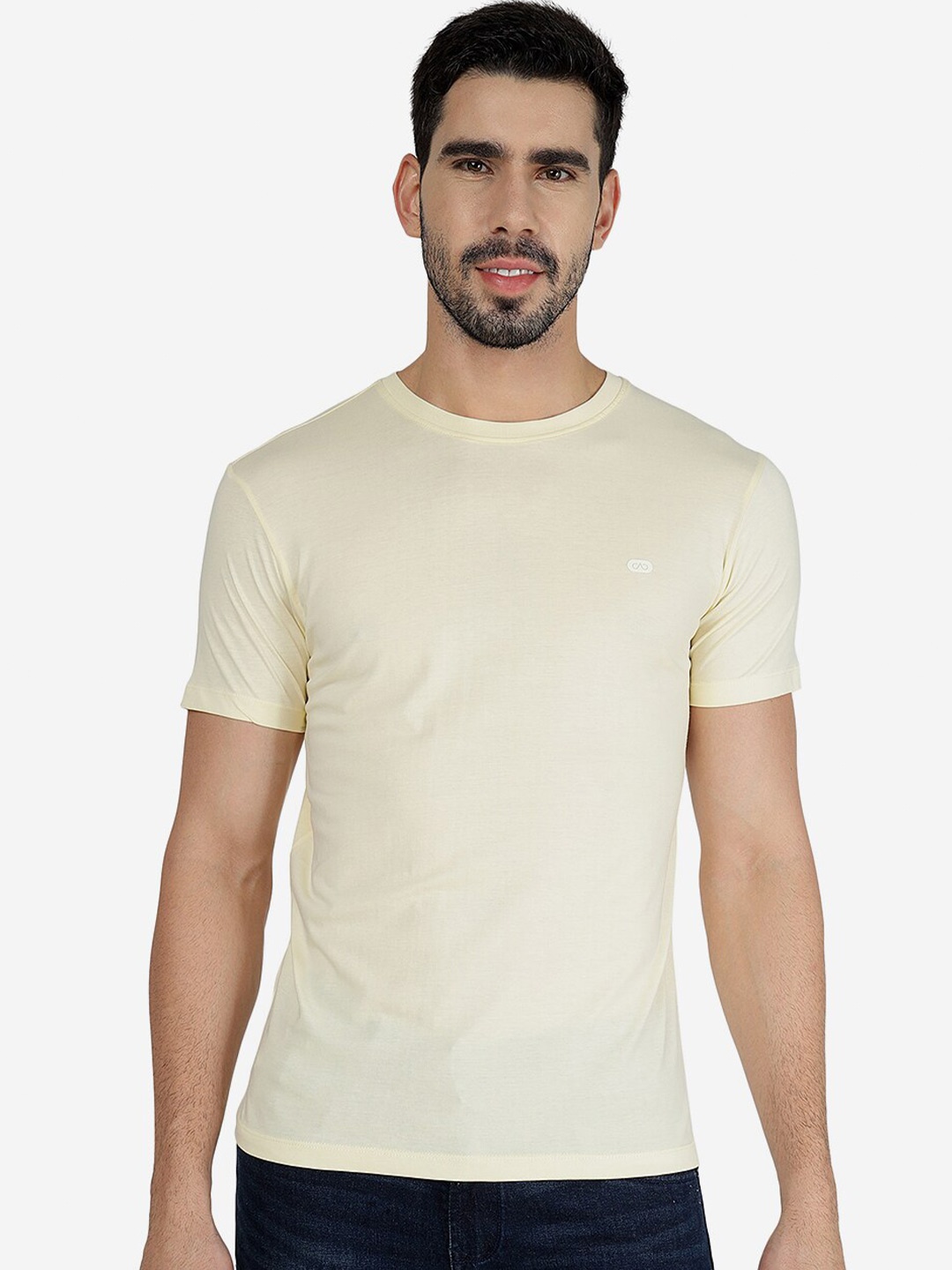 

JADE BLUE Slim Fit Pure Cotton T-shirt, Yellow
