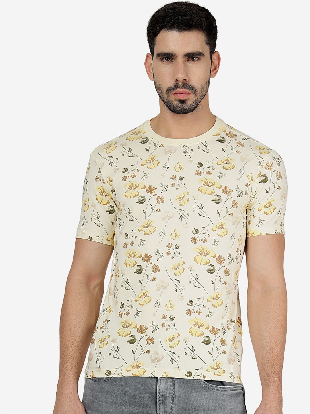 

JADE BLUE Floral Printed Slim Fit Round Neck Pure Cotton T-shirt, Cream