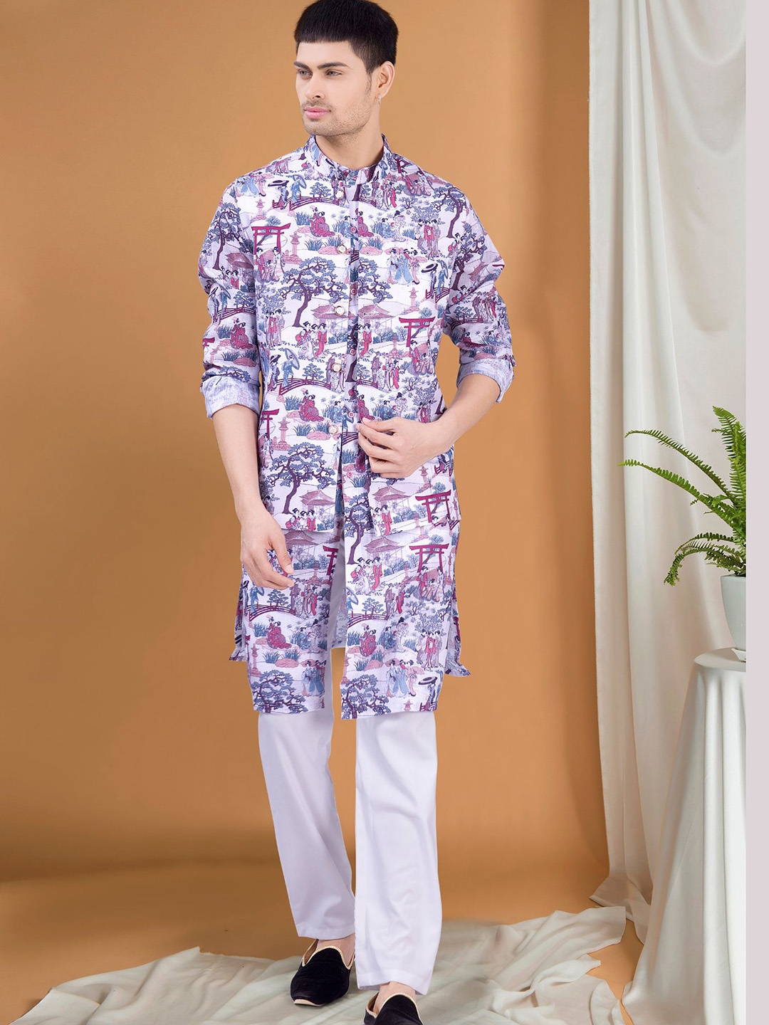 

SHIWAM ETHNIX Graphic Printed Regular Kurta with Pyjamas & Nehru Jacket, White