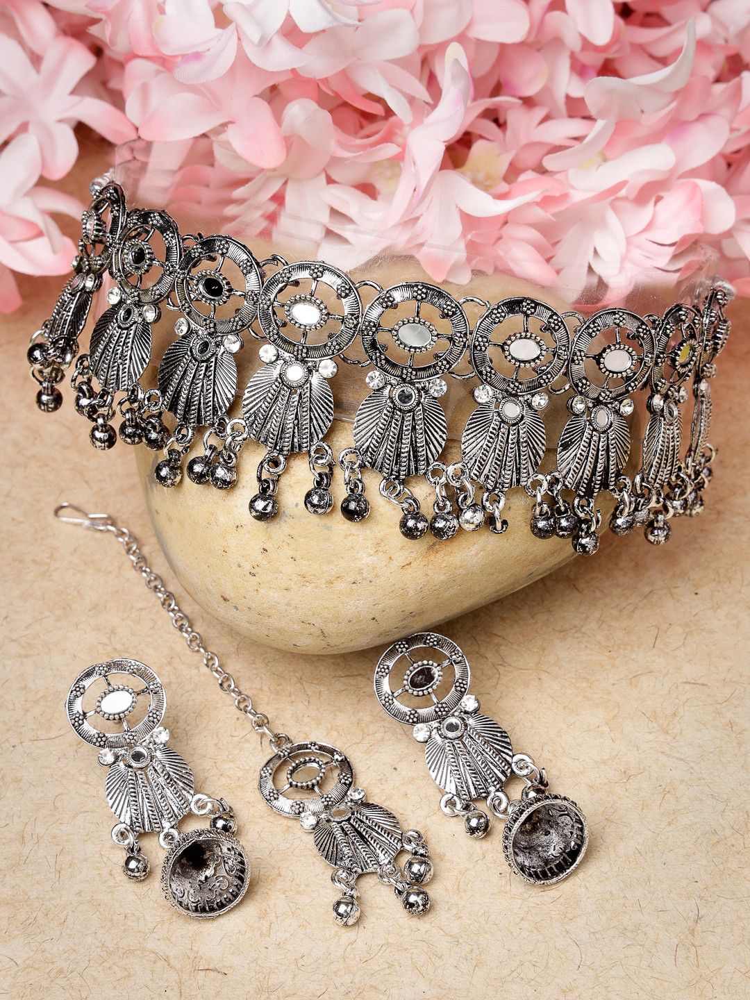 

ADIVA Silver-Plated Mirror Work Oxidised Jewellery Set