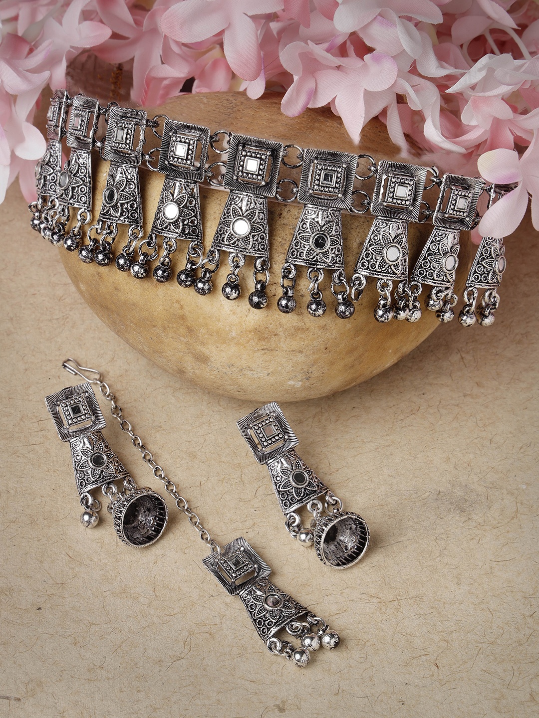 

ADIVA Silver-Plated Mirror Work Oxidised Jewellery Set