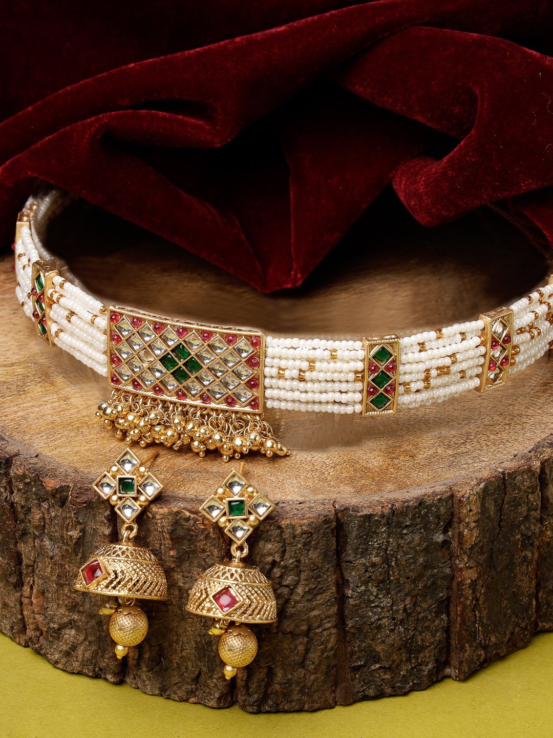 

ADIVA Gold-Plated Stone-Studded & Beaded Jewellery Set