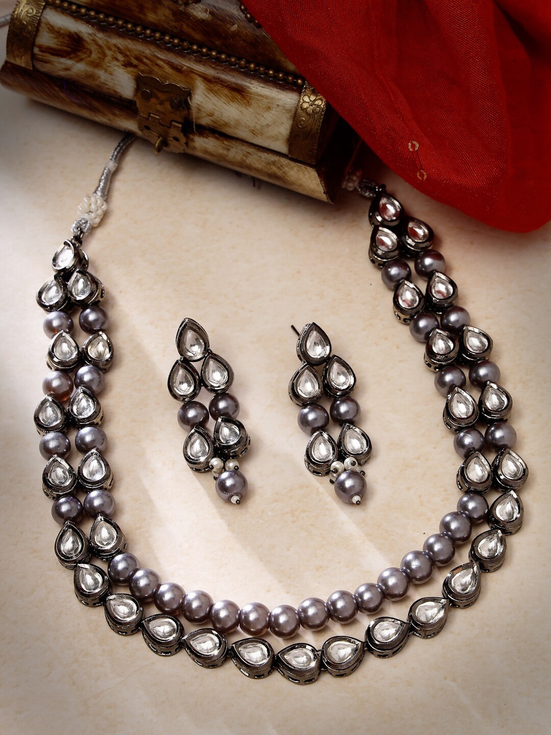 

ADIVA Rhodium-Plated Kundan & Pearls Studded Jewellery Set, Black