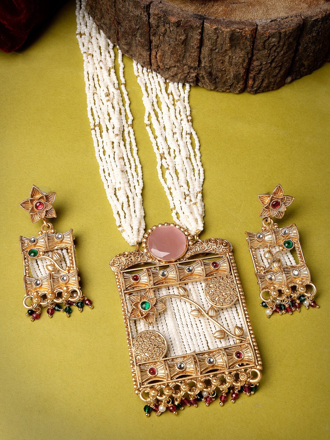 

ADIVA Gold-Plated Stones Studded & Beaded Jewellery Set