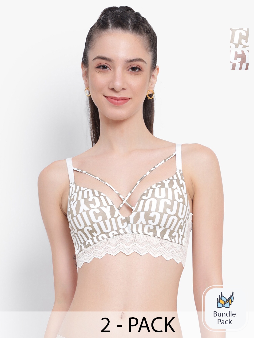 

PARKHA Pack of 2 Typography Printed Heavily Padded Lace Bralette Bra With All Day Comfort, Green