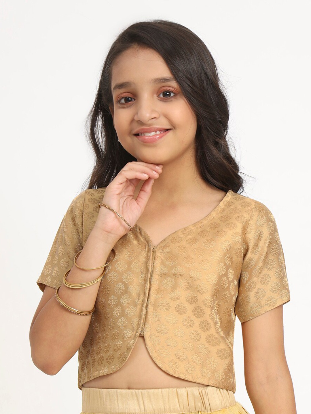 

studio rasa Girls Self Design V-Neck Crop Top, Gold