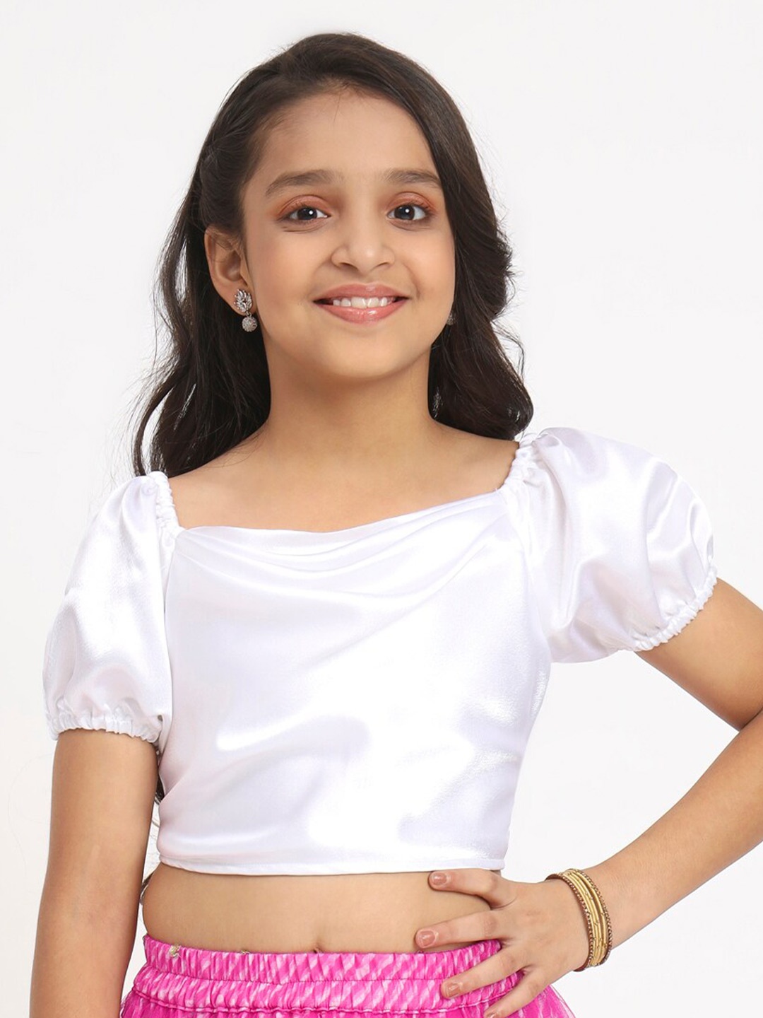 

studio rasa Girls Cowl Neck Puff Sleeves Satin Styled Back Crop Top, White