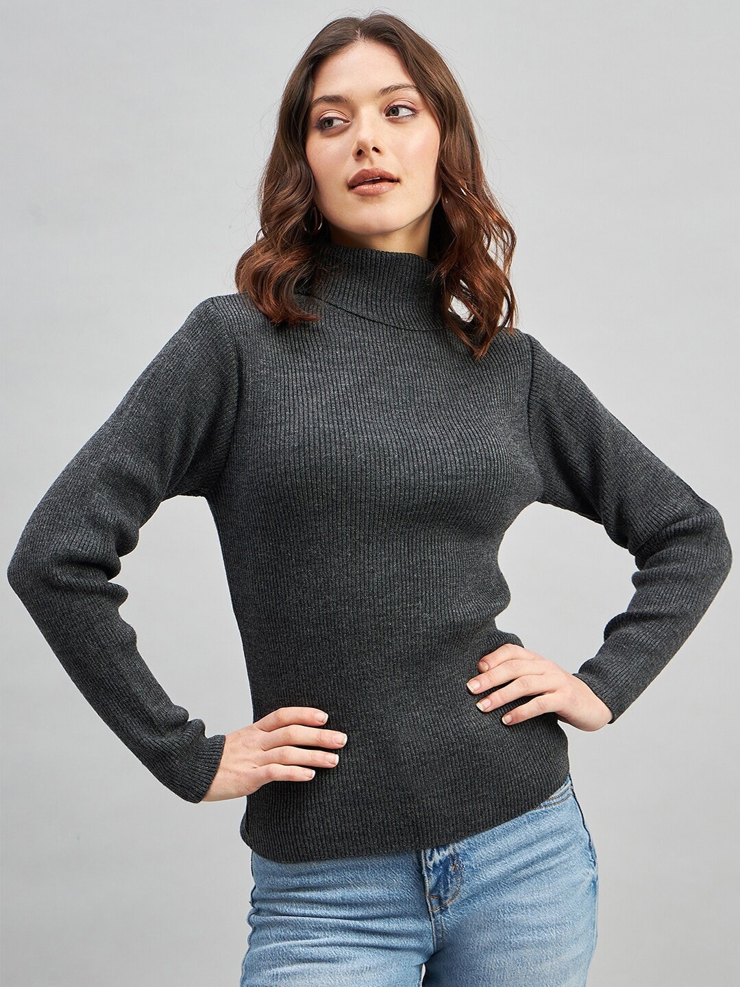 

RVK Ribbed Turtle Neck Acrylic Pullover Sweater, Charcoal