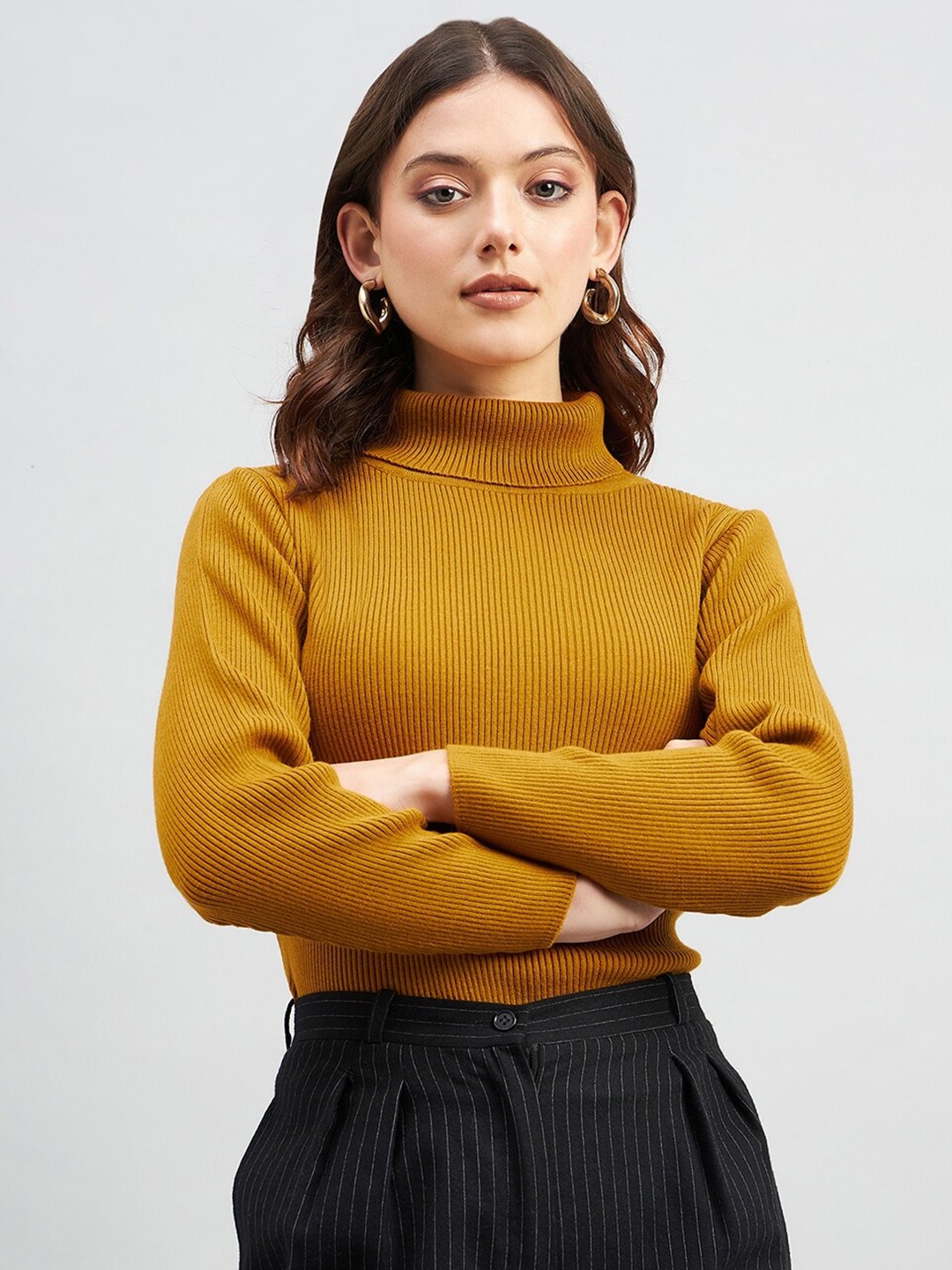 

RVK Ribbed Turtle Neck Acrylic Pullover Sweater, Mustard