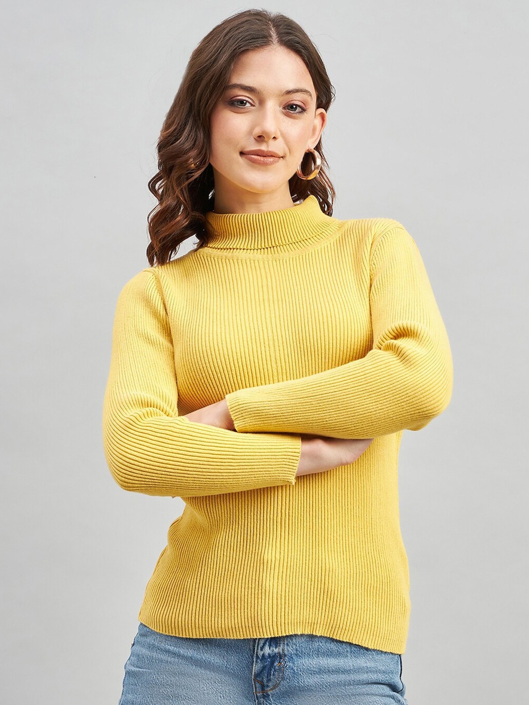 

RVK Ribbed Turtle Neck Cotton Pullover Sweater, Yellow