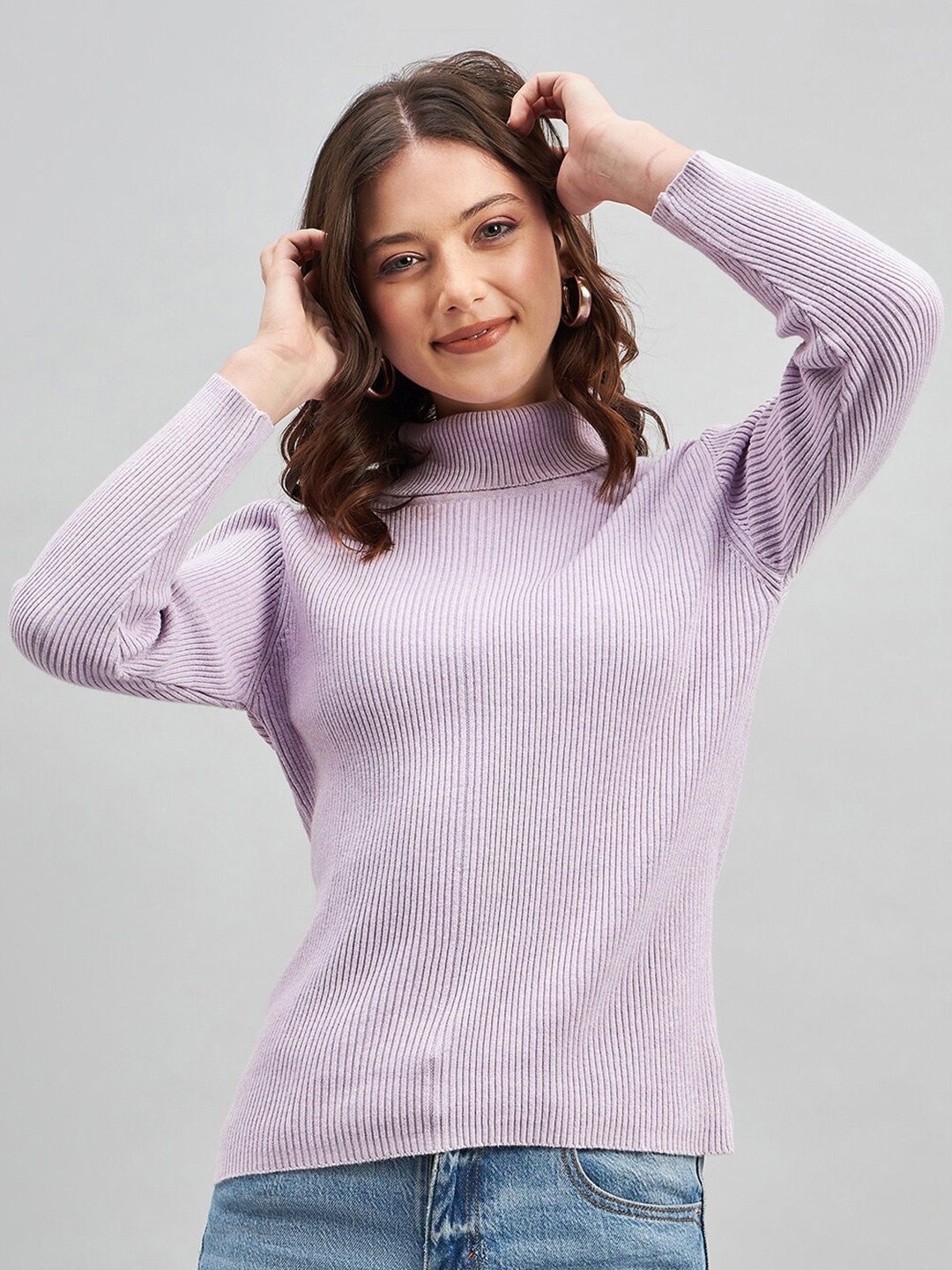 

RVK Ribbed Turtle Neck Cotton Pullover Sweater, Lavender