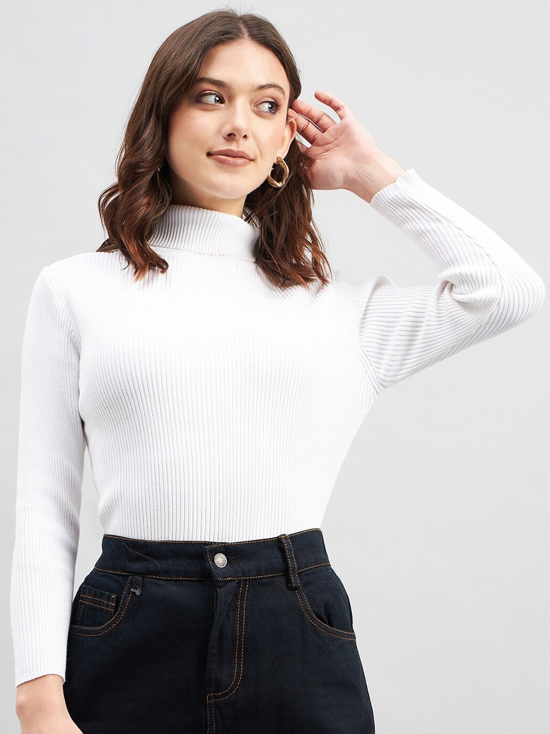 

FEMEA Ribbed Turtle Neck Pure Cotton Pullover, White