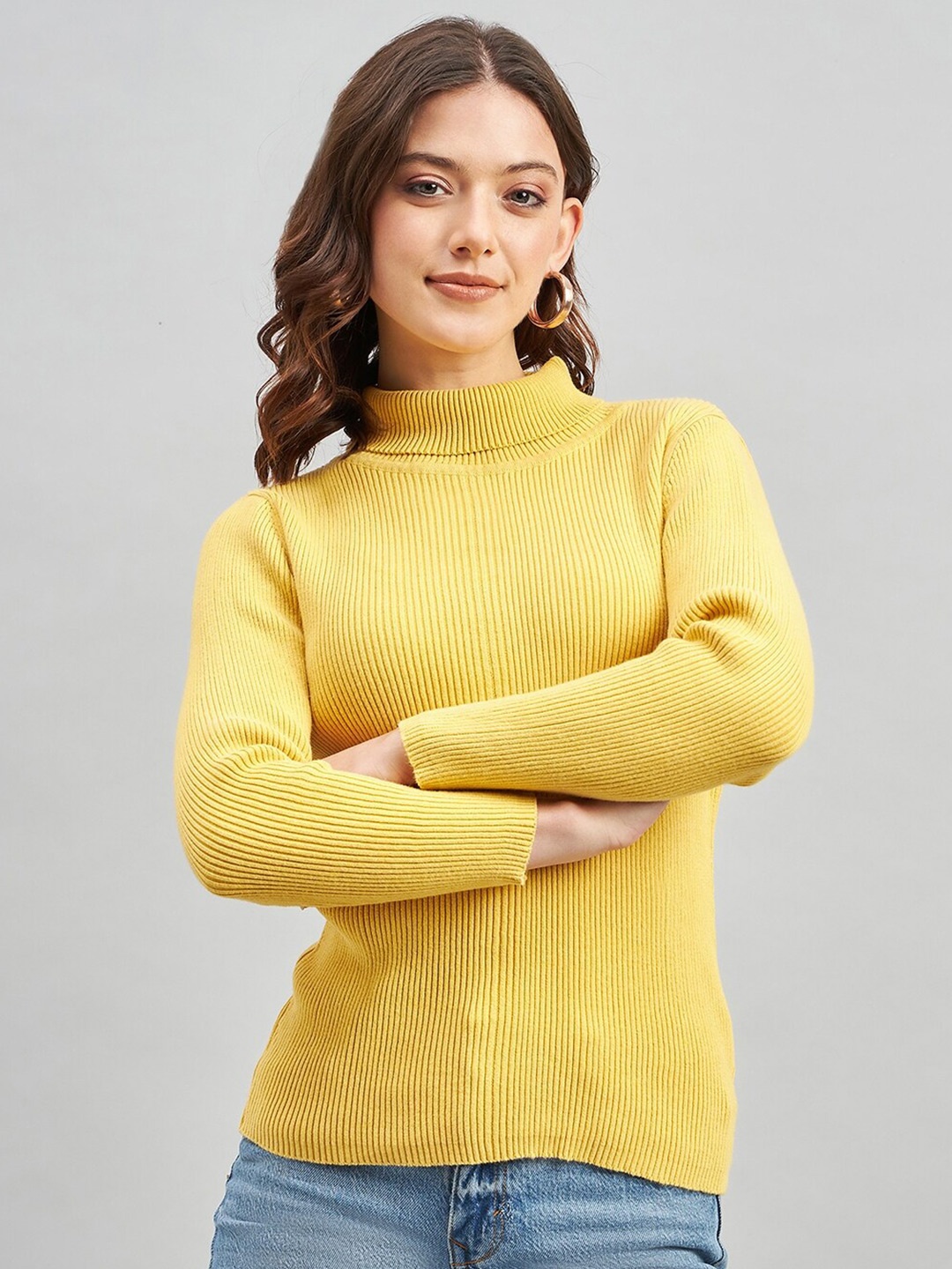 

FEMEA Ribbed Turtle Neck Pure Cotton Pullover, Yellow
