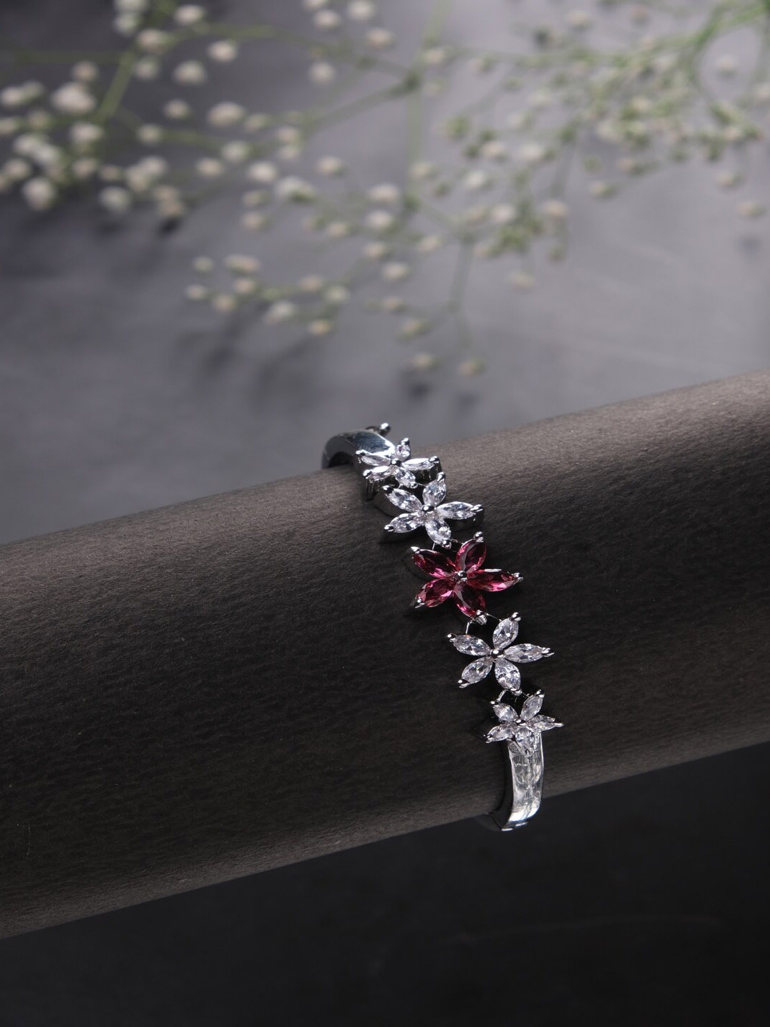 

Jewelz Silver-Plated American Diamond Floral Bangle-Style Bracelet