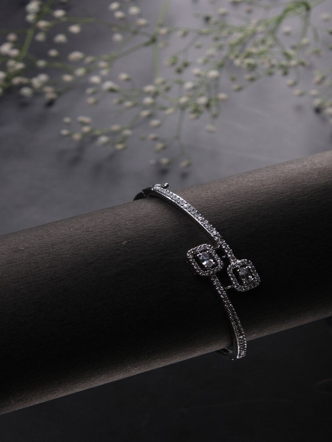 

Jewelz Silver-Plated American Diamond Stone Studded Bangle-Style Bracelet