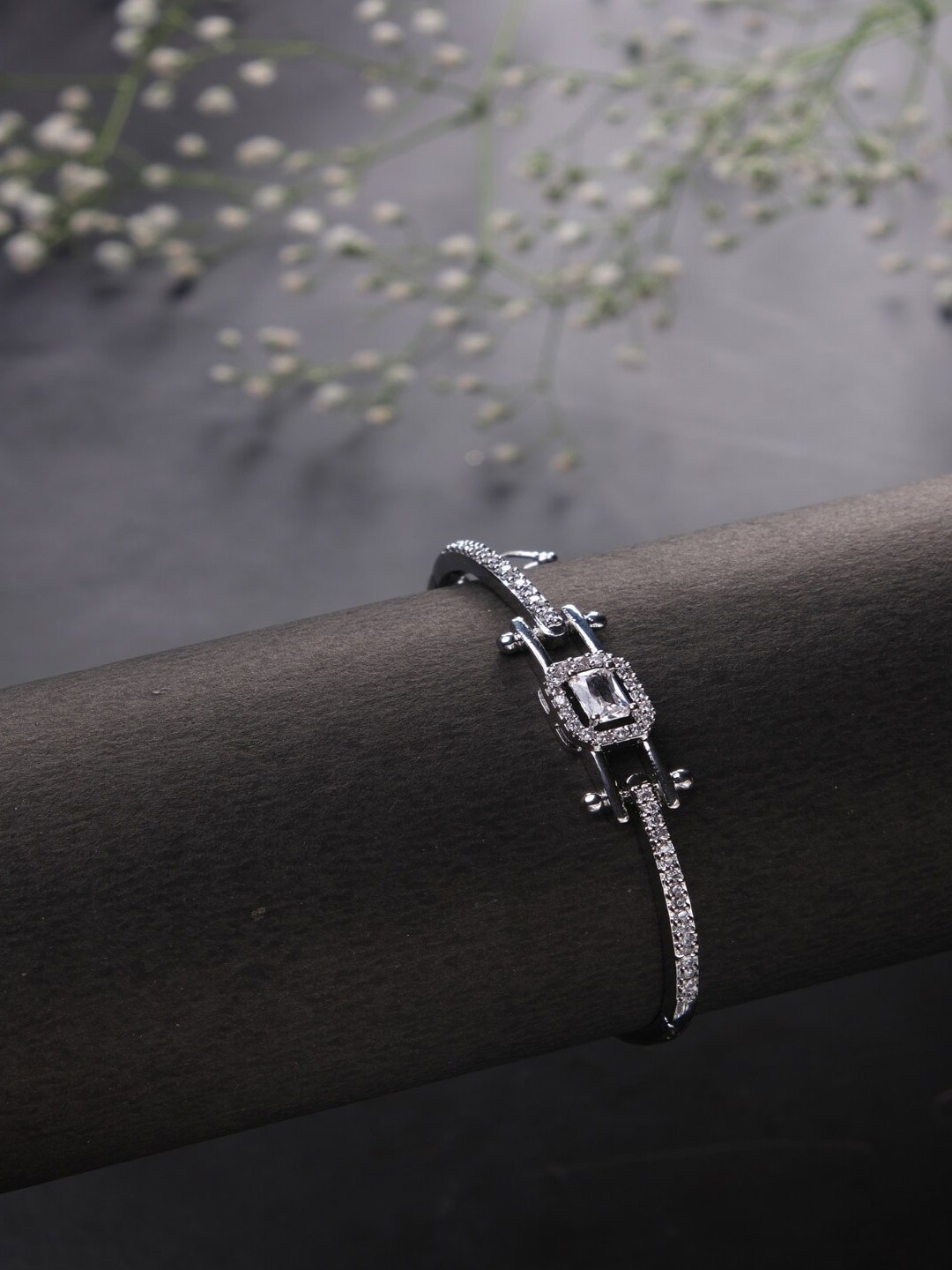 

Jewelz Silver-Plated American Diamond Bangle-Style Bracelet