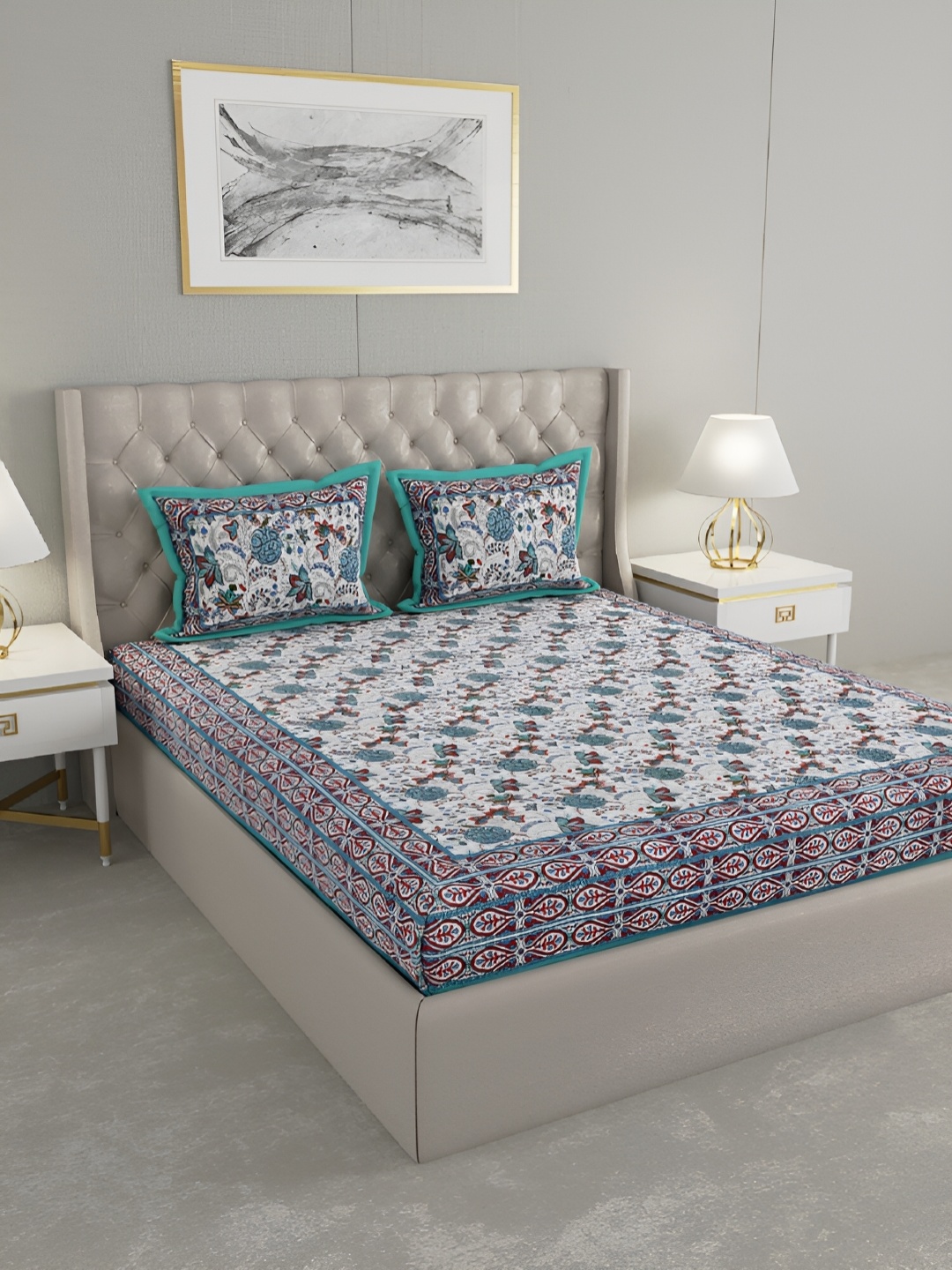 

Wayne Martin Teal Blue & White Floral Cotton 240 TC King Bedsheet with 2 Pillow Covers