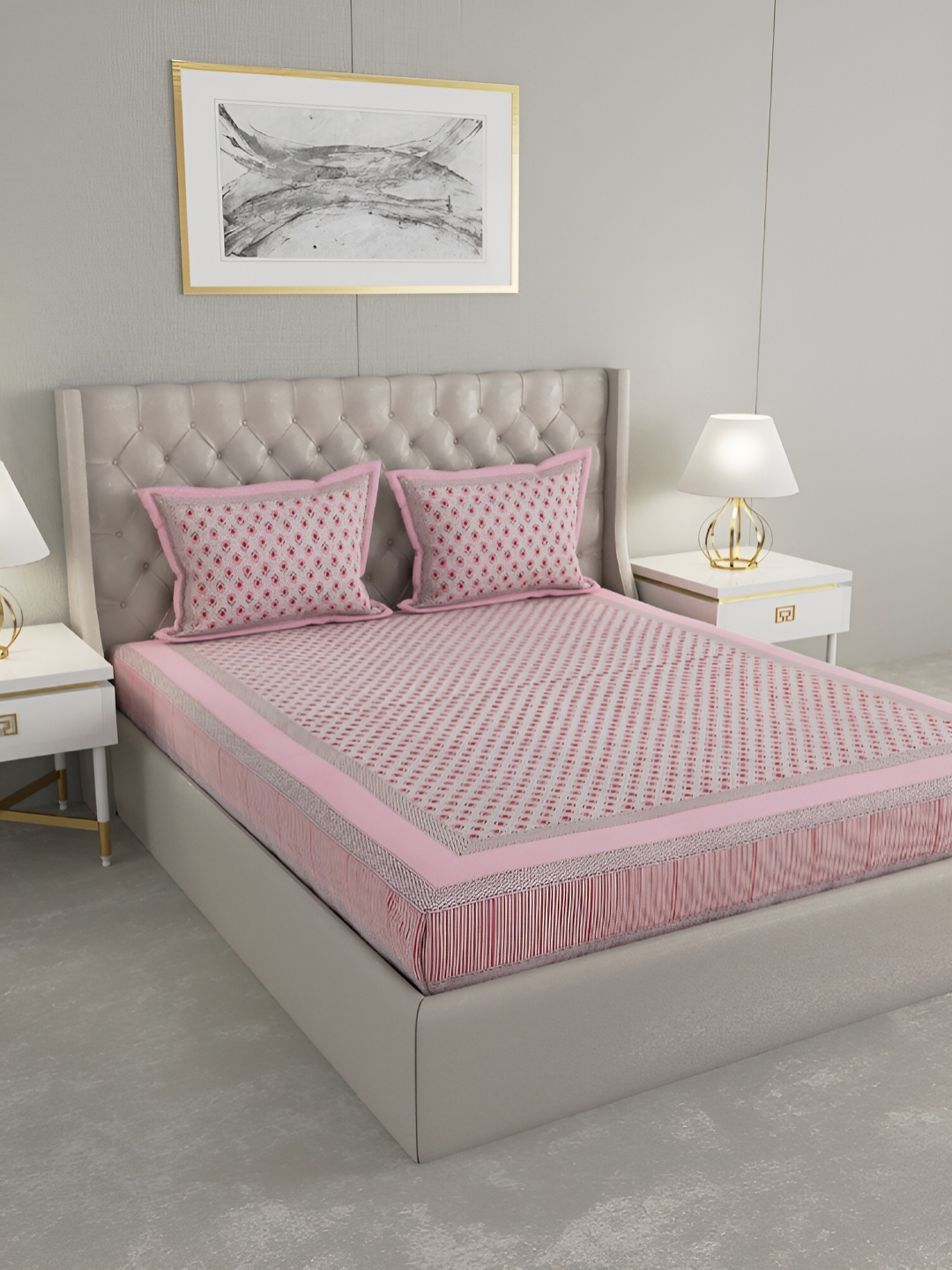 

Wayne Martin Pink Geometric Pure Cotton 600 TC King Bedsheet with 2 Pillow Covers