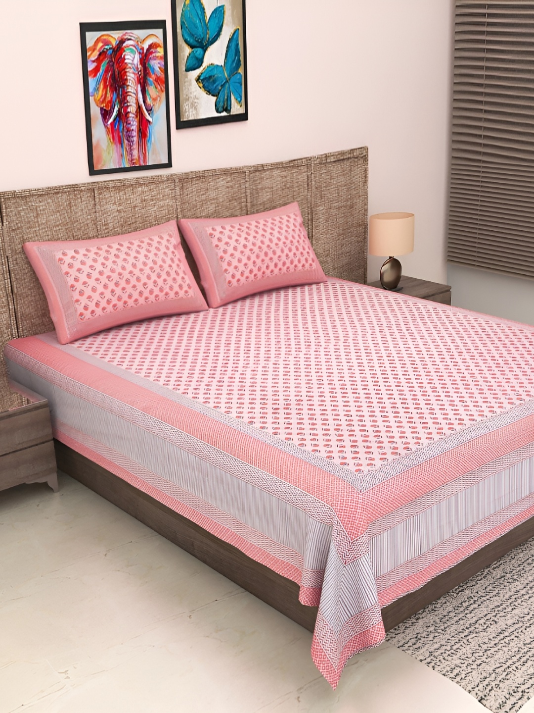 

Wayne Martin Pink Floral Pure Cotton 600 TC King Bedsheet with 2 Pillow Covers