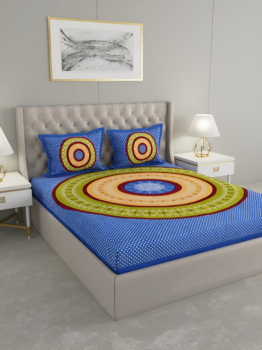 

Wayne Martin Blue & Green Geometric Pure Cotton 600 TC King Bedsheet with 2 Pillow Covers