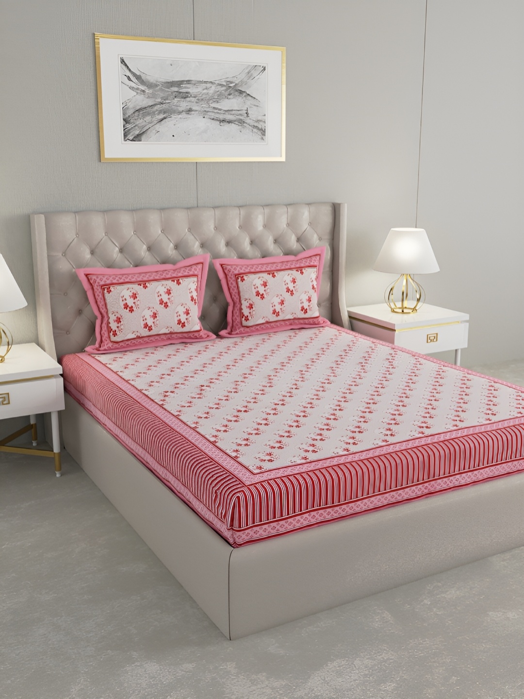 

Wayne Martin Pink & Red Floral Cotton 240 TC King Bedsheet With 2 Pillow Covers