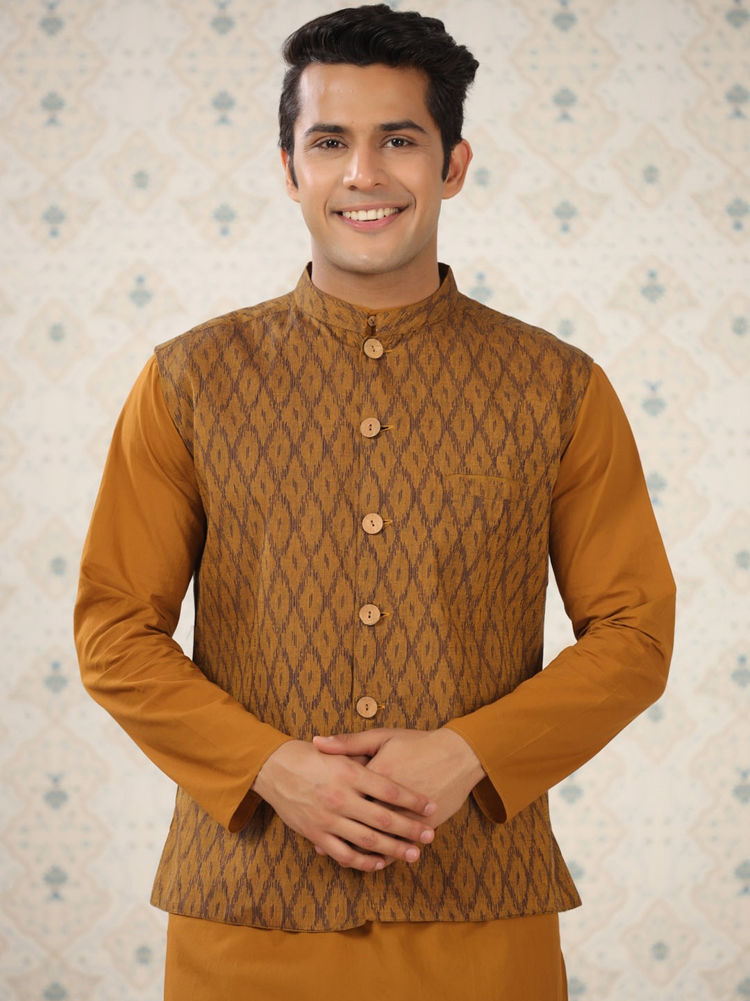 

Ode by House of Pataudi Mandarin Collar Kurta With Nehru Jacket, Mustard
