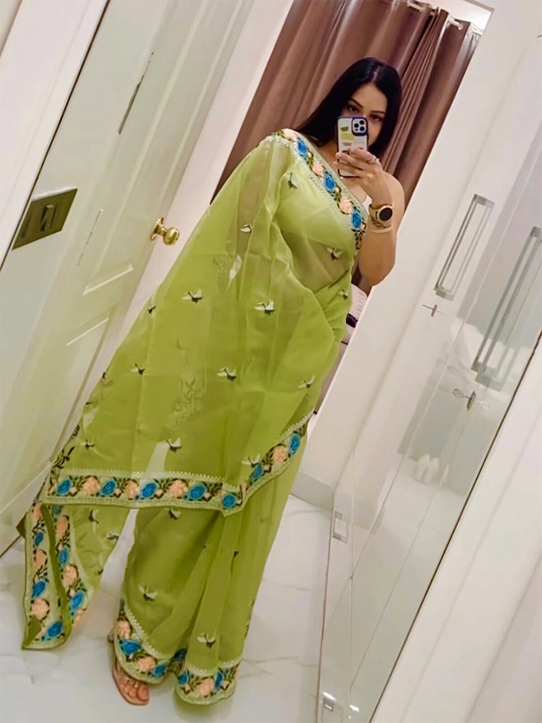 

ODETTE Floral Embroidered Organza Saree, Green