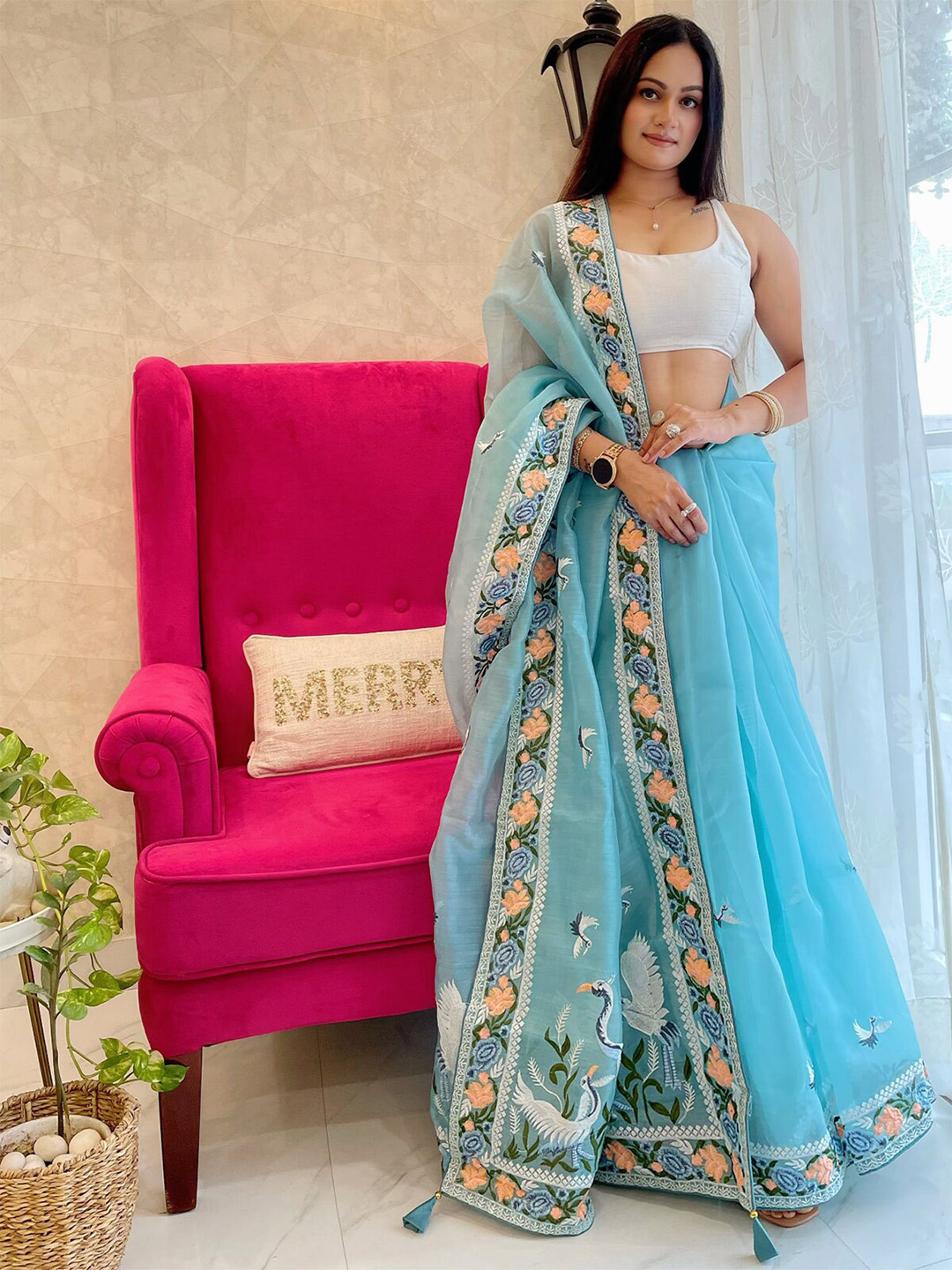 

ODETTE Floral Embroidered Organza Saree, Blue