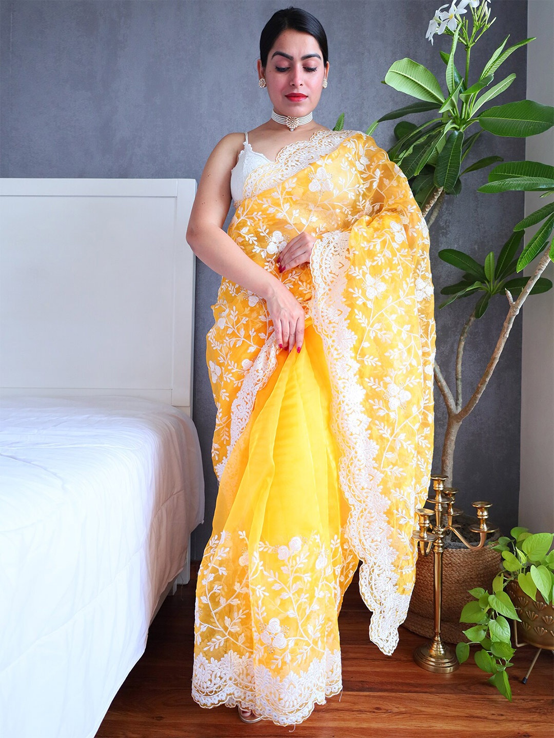 

ODETTE Floral Embroidered Organza Saree, Yellow