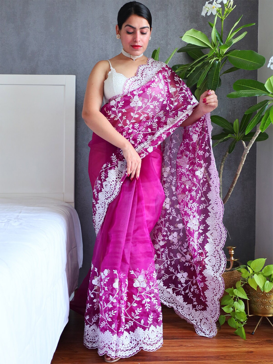 

ODETTE Floral Embroidered Organza Saree, Violet