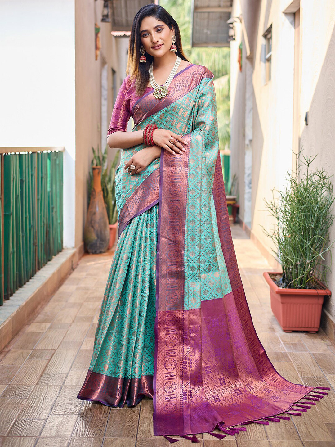 

ODETTE Ethnic Motifs Woven Design Silk Saree, Blue