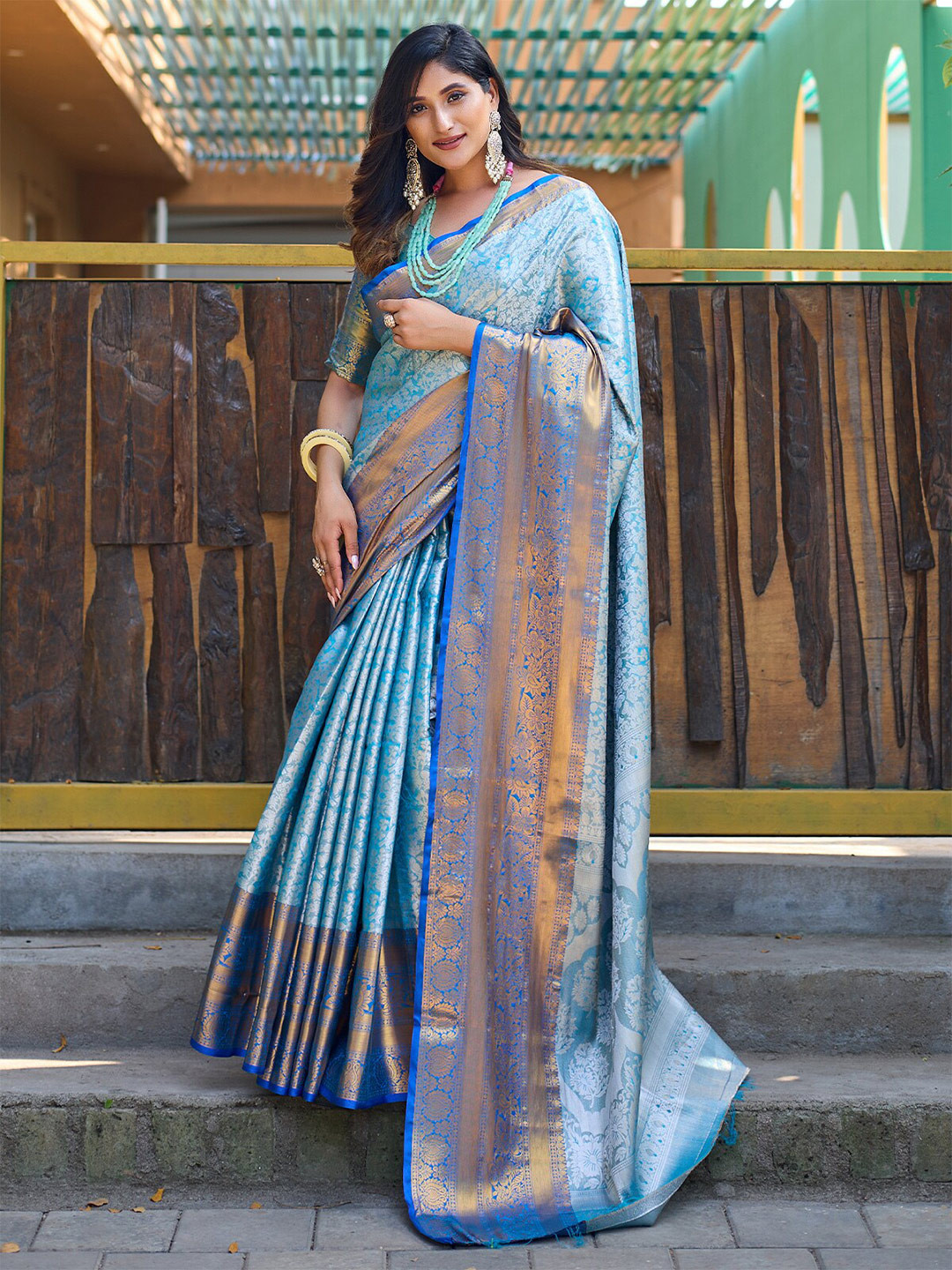 

ODETTE Ethnic Motifs Woven Design Silk Saree, Blue