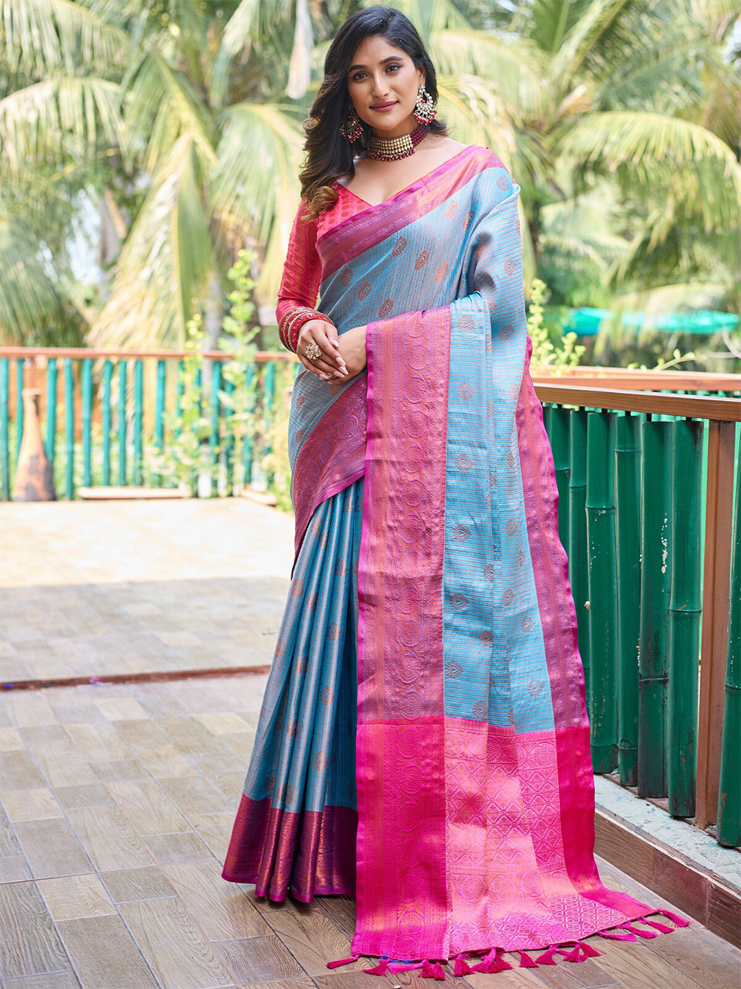 

ODETTE Ethnic Motifs Woven Design Zari Saree, Blue