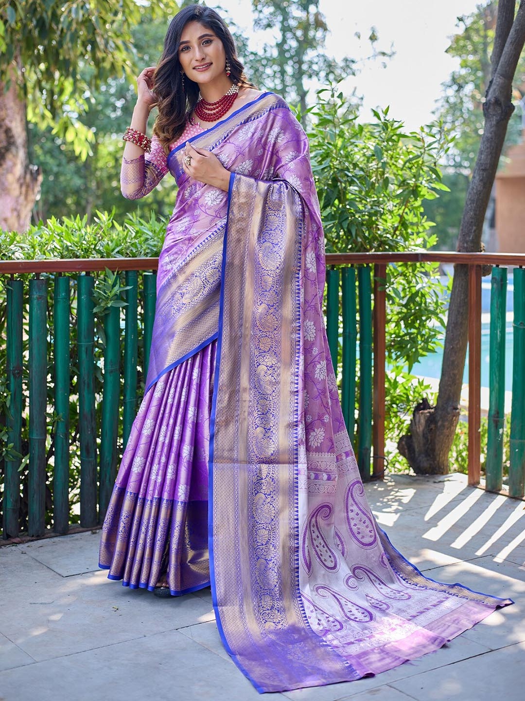 

ODETTE Floral Woven Design Zari Saree, Purple