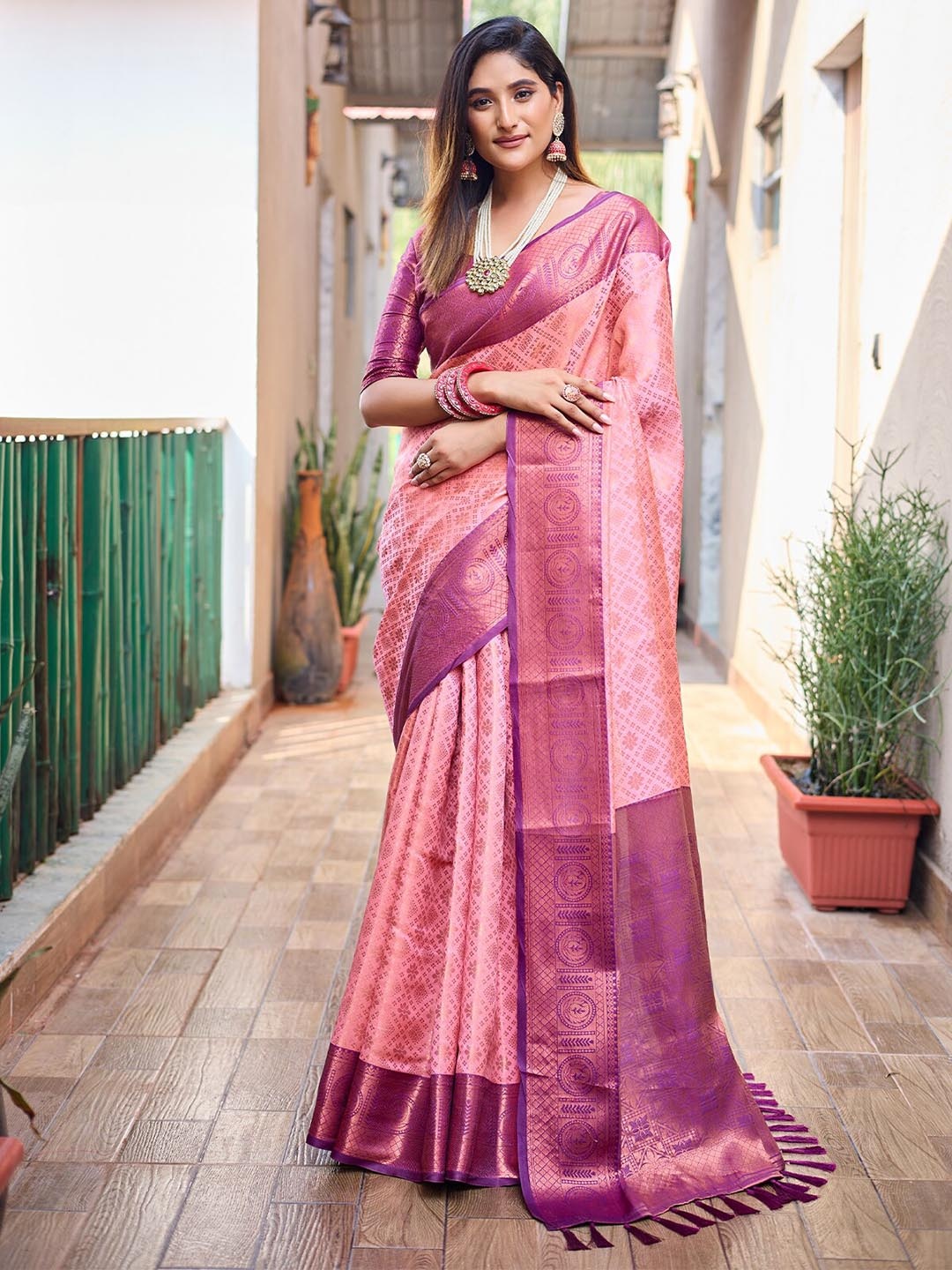 ODETTE Woven Design Zari Saree, Coral
