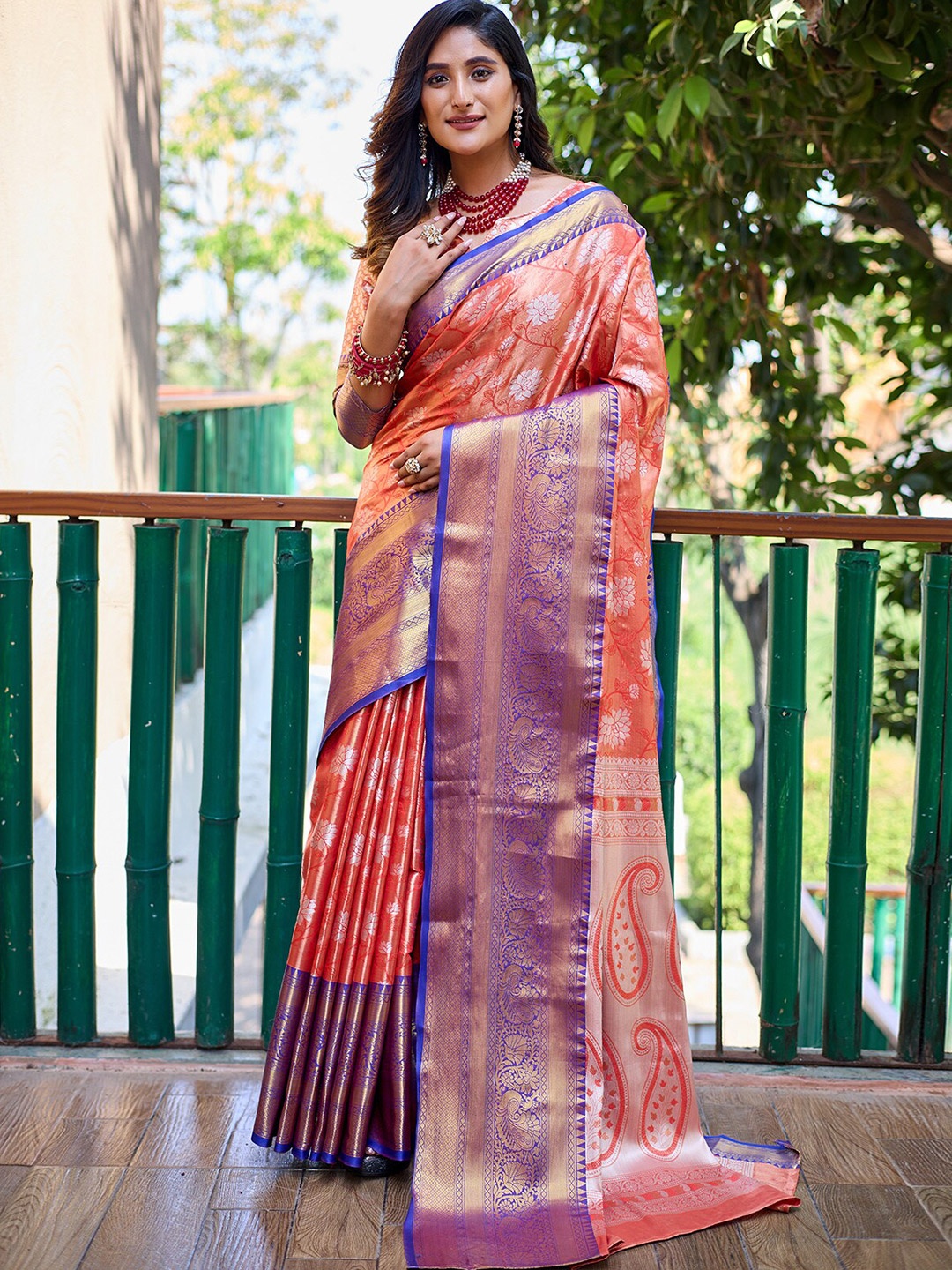 

ODETTE Floral Woven Design Saree, Peach