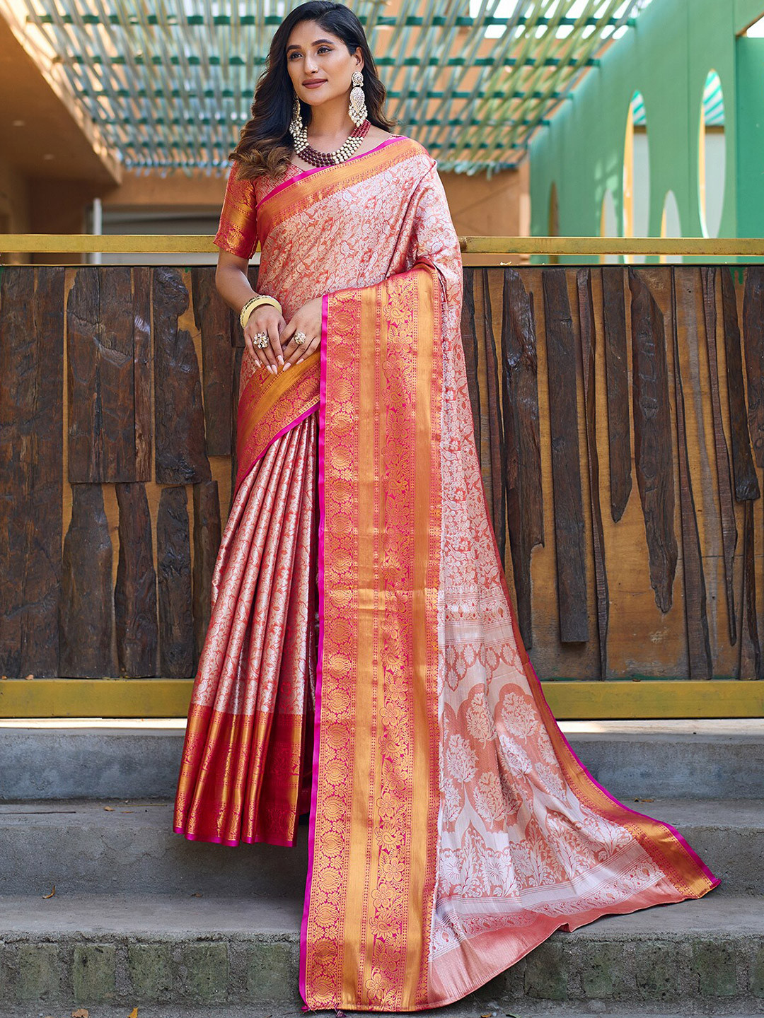 

ODETTE Floral Woven Design Zari Saree, Orange