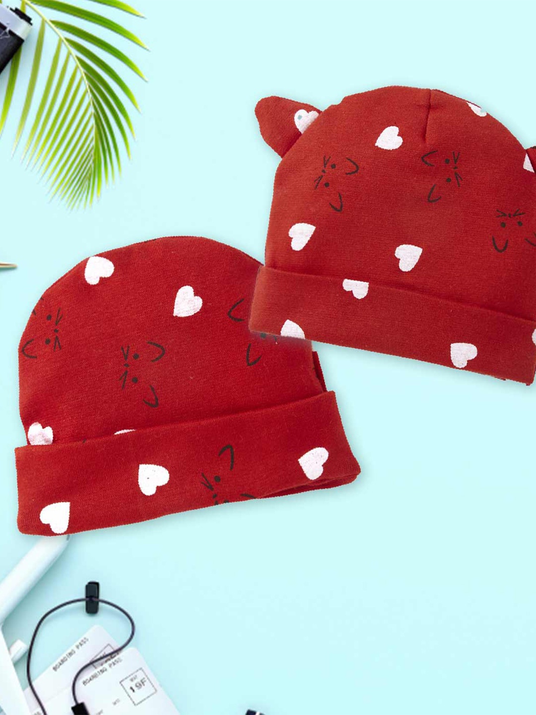 Babywish Infants Pack of 2 Printed Cotton Beanie, Red