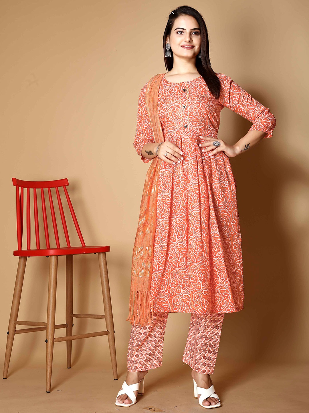 

Trishva Bandhani Printed Gotta Patti A-Line Kurta & Trouser With Dupatta, Orange