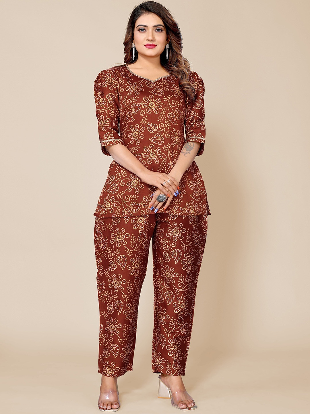 

Krimmple Floral Printed Sweetheart Neck Top With Trousers Pure Cotton Co-Ords, Brown